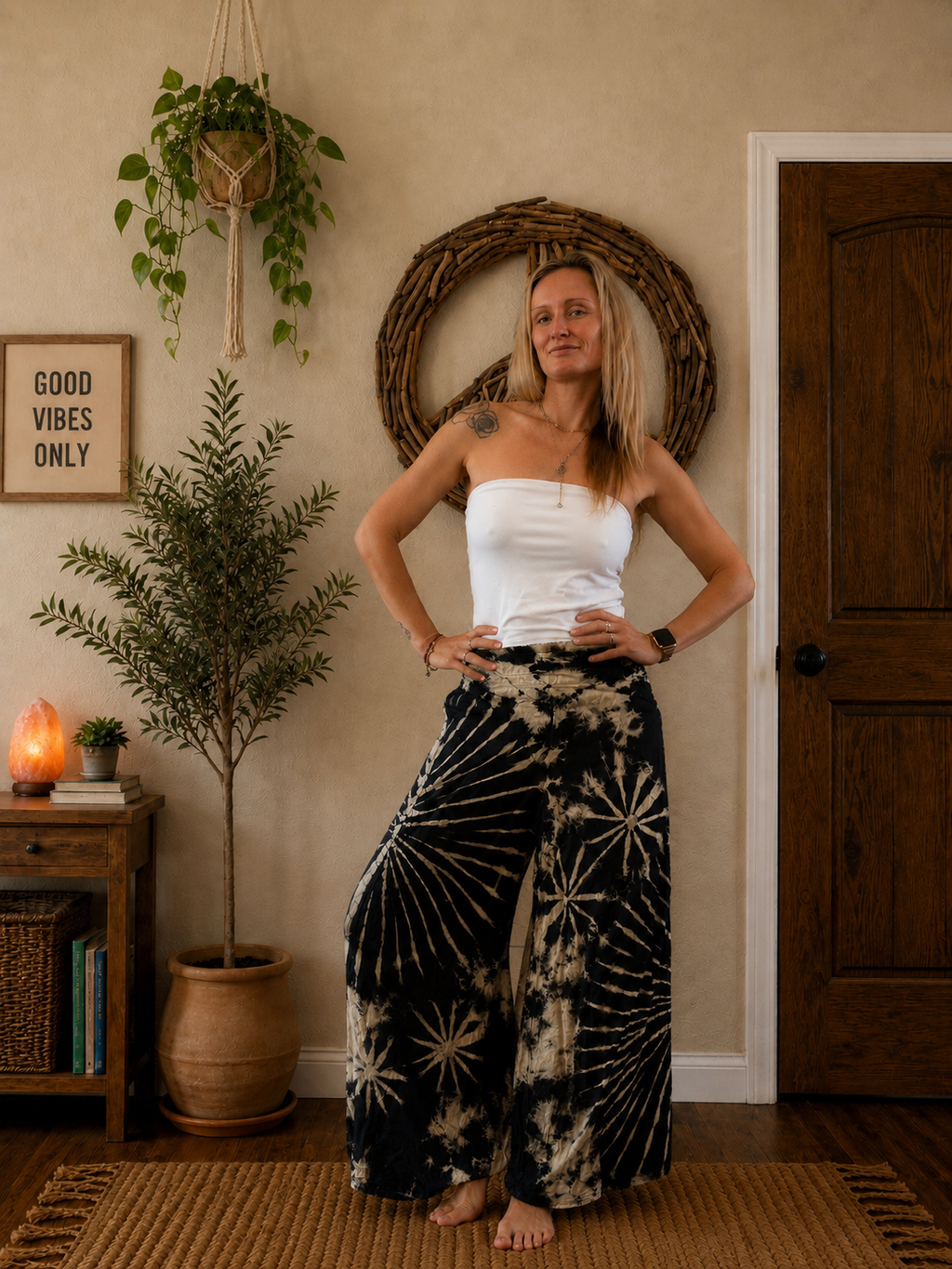 Black and cream tie dye pants